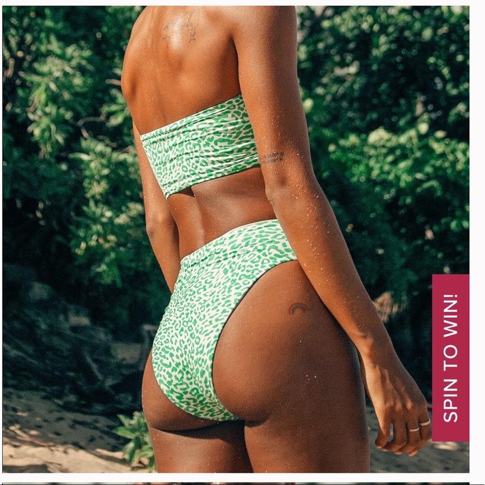 Frankie's Bikinis Green and White Leopard Print Bandeau Bikini